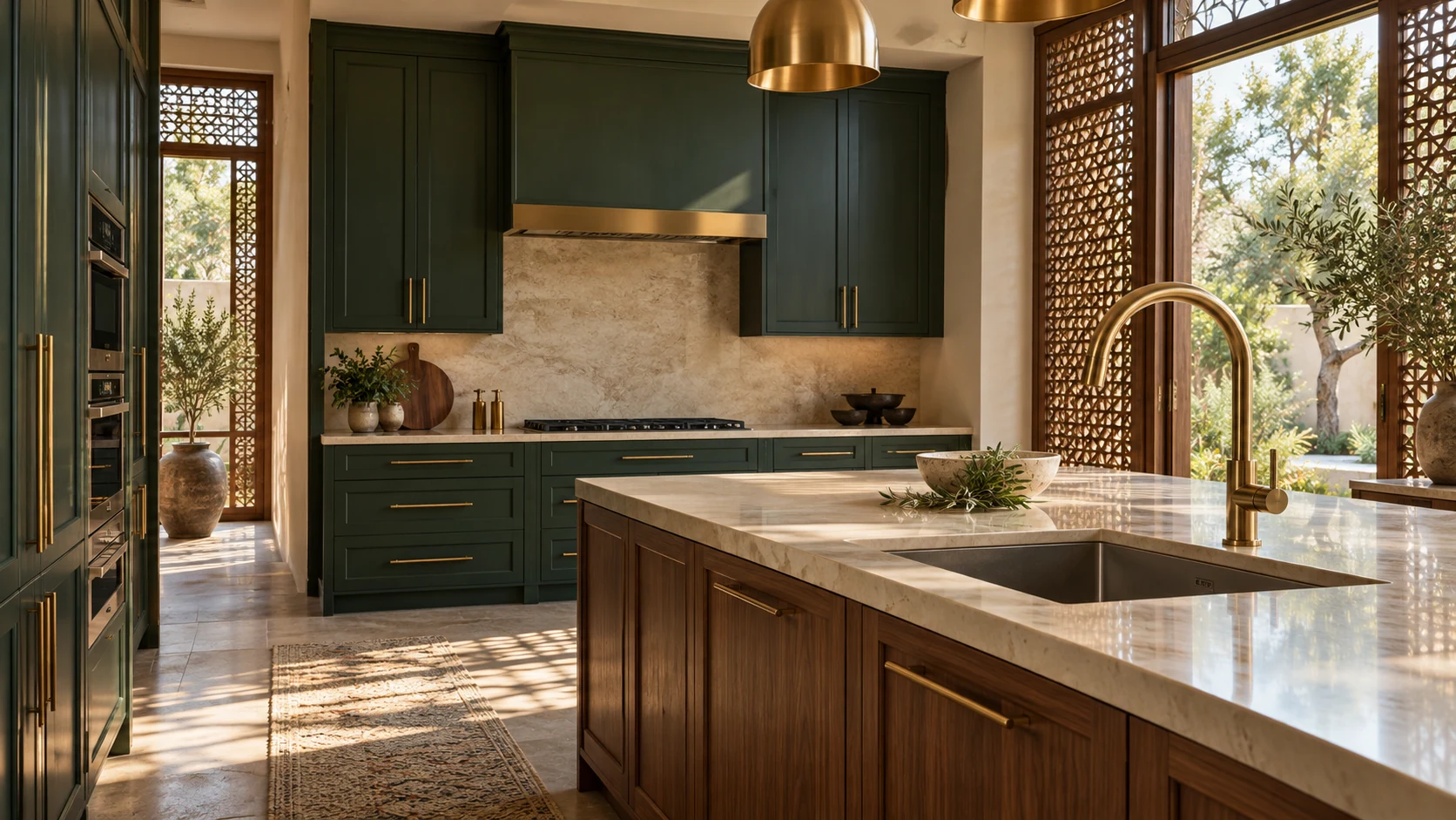 Forest green kitchen with brass fittings and a walnut island